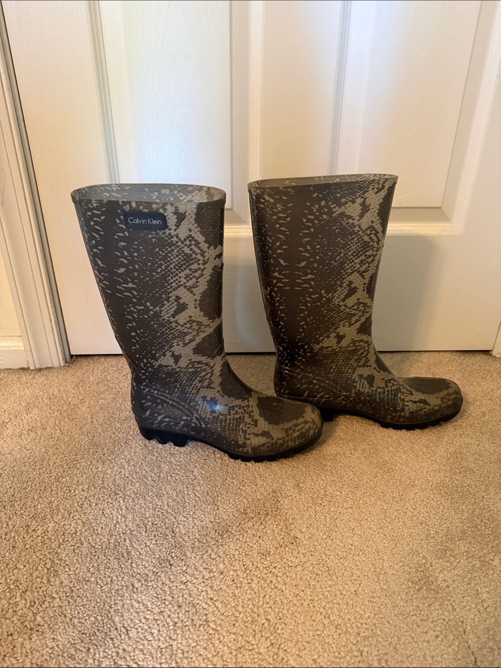 Calvin Klein Olive Green Snake-Print Rain Boots